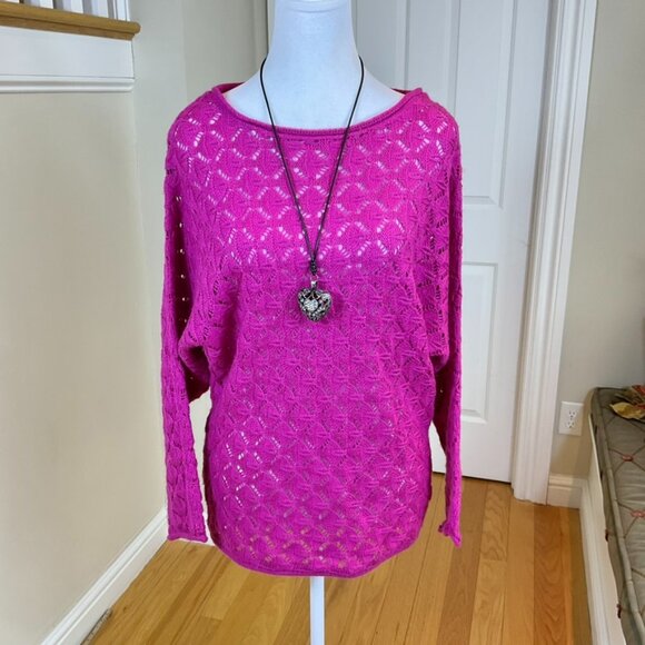 Metaphor Sweater Open Knit Boat Neck Long Batwing Sleeves Magenta (S) - Picture 1 of 5
